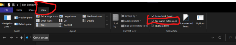 Select the View tab, and then check "File Name Extensions