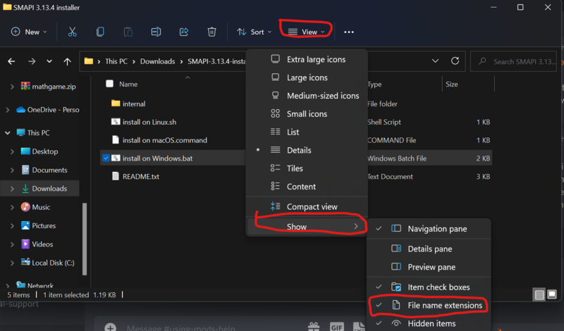 Click on "View" menu, click on the "Show" menu, and click on "File name extensions"