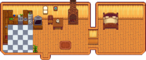 The farmhouse after the first upgrade showing an added bedroom and kitchen.